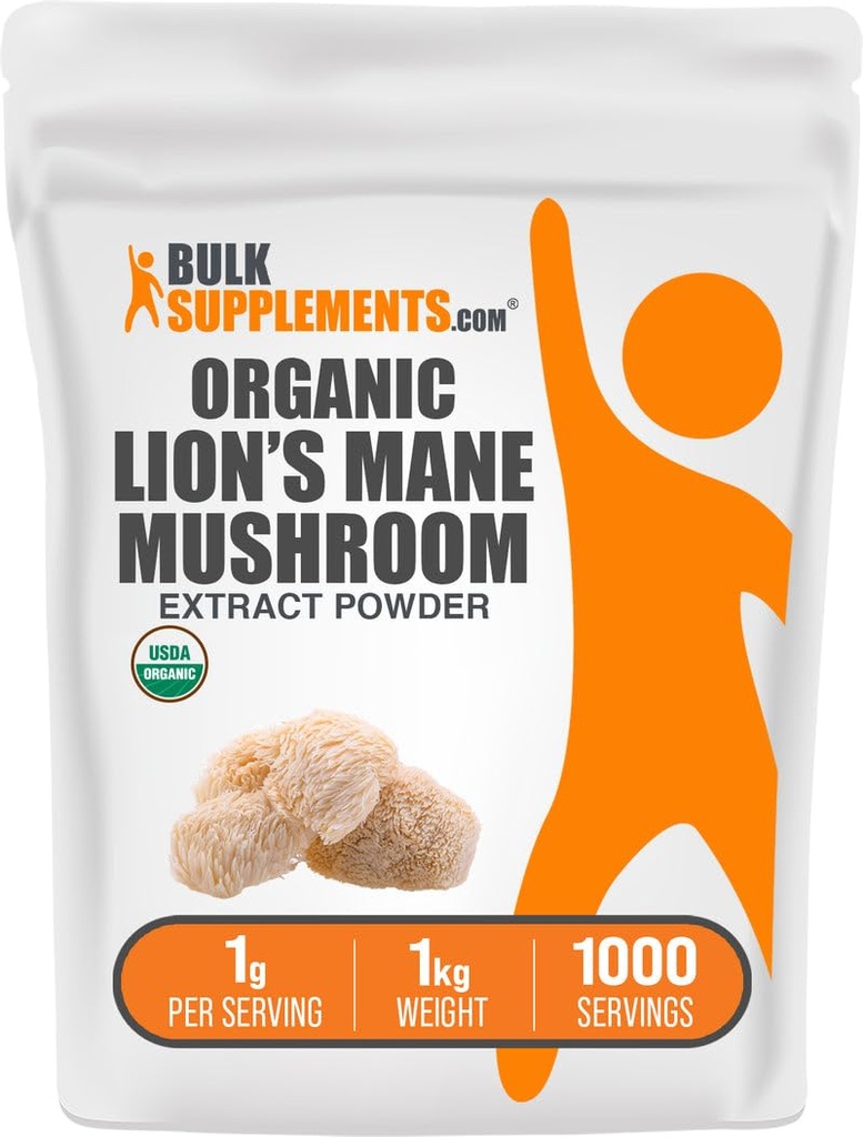 BulkSupplements.com Organic Lion's Mane Mushroom Extract Powder - Lions Mane Supplement Powder, Superfood for Well-Being - Vegan, 1g per Serving, 1kg (2.2 lbs) (Pack of 1)