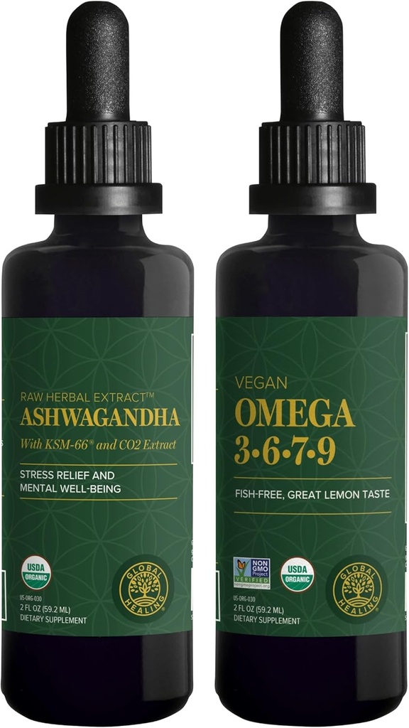 Global Healing Center Ashwagandha & Omega 3 6 7 9 Kit - Helps with Nervousness, Brain Health, Heart Health, and Eye Health