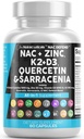 NAC Supplement N-Acetyl Cysteine Vitamin D3 K2 Zinc Quercetin Sarracenia Purpurea Immune Support | Elderberry Holy Basil Bee Propolis Bromelain L-Lysine Capsules Supplements For Women Men Adults