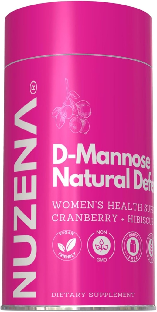 Nuzena D-Mannose + 1000mg with Cranberry 150mg, Pack of 60 Natural Defense Urinary Tract Support Capsules with Hibiscus Flower 100mg and Dandelion Root 100mg Per Serving of 2 Capsules