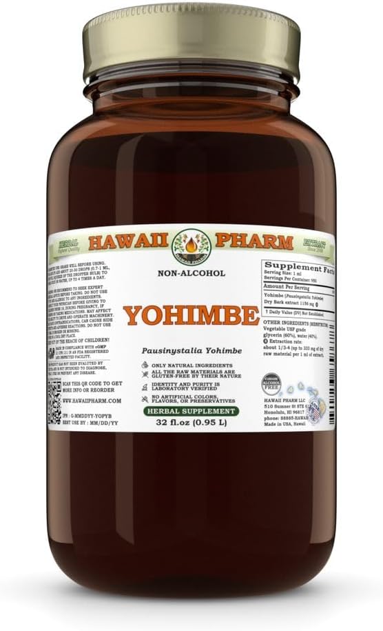 Yohimbe (Pausinystalia Yohimbe) Dry Bark Glycerite, Made in Hawaii, All Natural, Vegan, Lab Tested Alcohol-Free Liquid Extract - 32 fl.oz