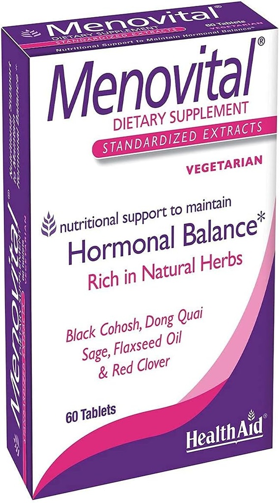 HealthAid Menovital – Twice-Daily Herbal Supplement for Hormonal Balance Support | 60 Vegetarian Tablets | Non-GMO & Gluten-Free