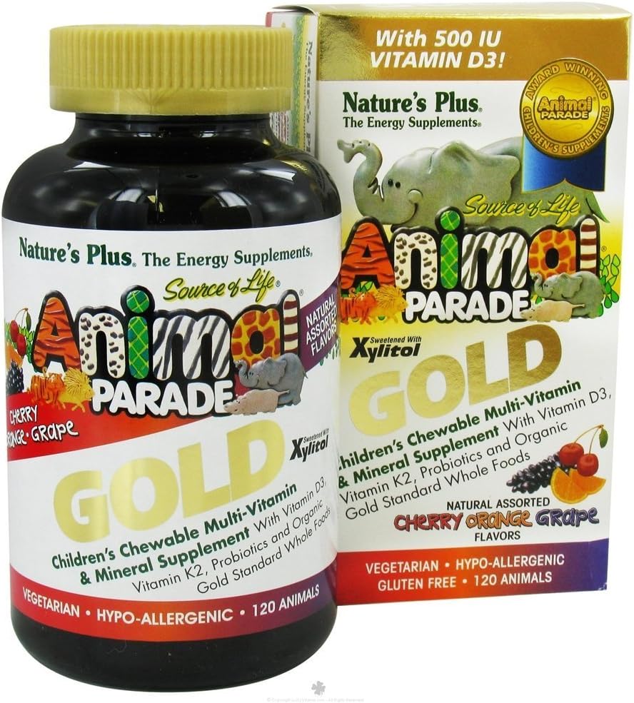 NaturesPlus Animal Parade Gold Children's Multivitamin - Assorted Cherry, Orange & Grape Flavors - 120 Animal-Shaped Chewable Tablets, Pack of 2 - Vegan, Gluten Free - 120 Total Servings