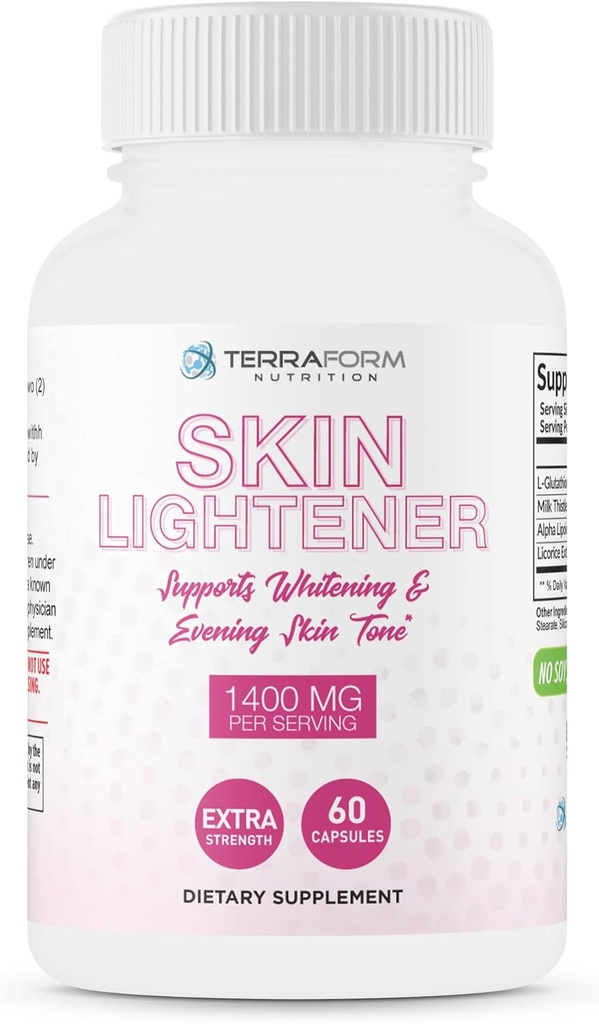 TerraForm Nutrition Skin Lightening Supplement, Glutathione 1000mg per Serving, Clears and Evens Skin Tones, Helps Clear Up Dark Spots and Acne Scars - 30 Servings