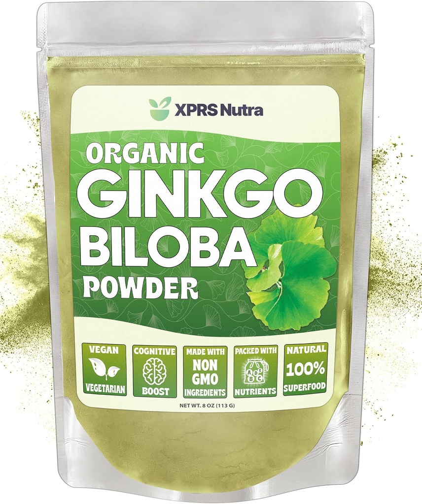 XPRS Nutra Organic Ginkgo Biloba Powder - Gingko Biloba Supplements for Cognition - Vegan Friendly Ginkoba Biloba Organic - Immunity Boosting Ginkgo Biloba Powder (8 oz)