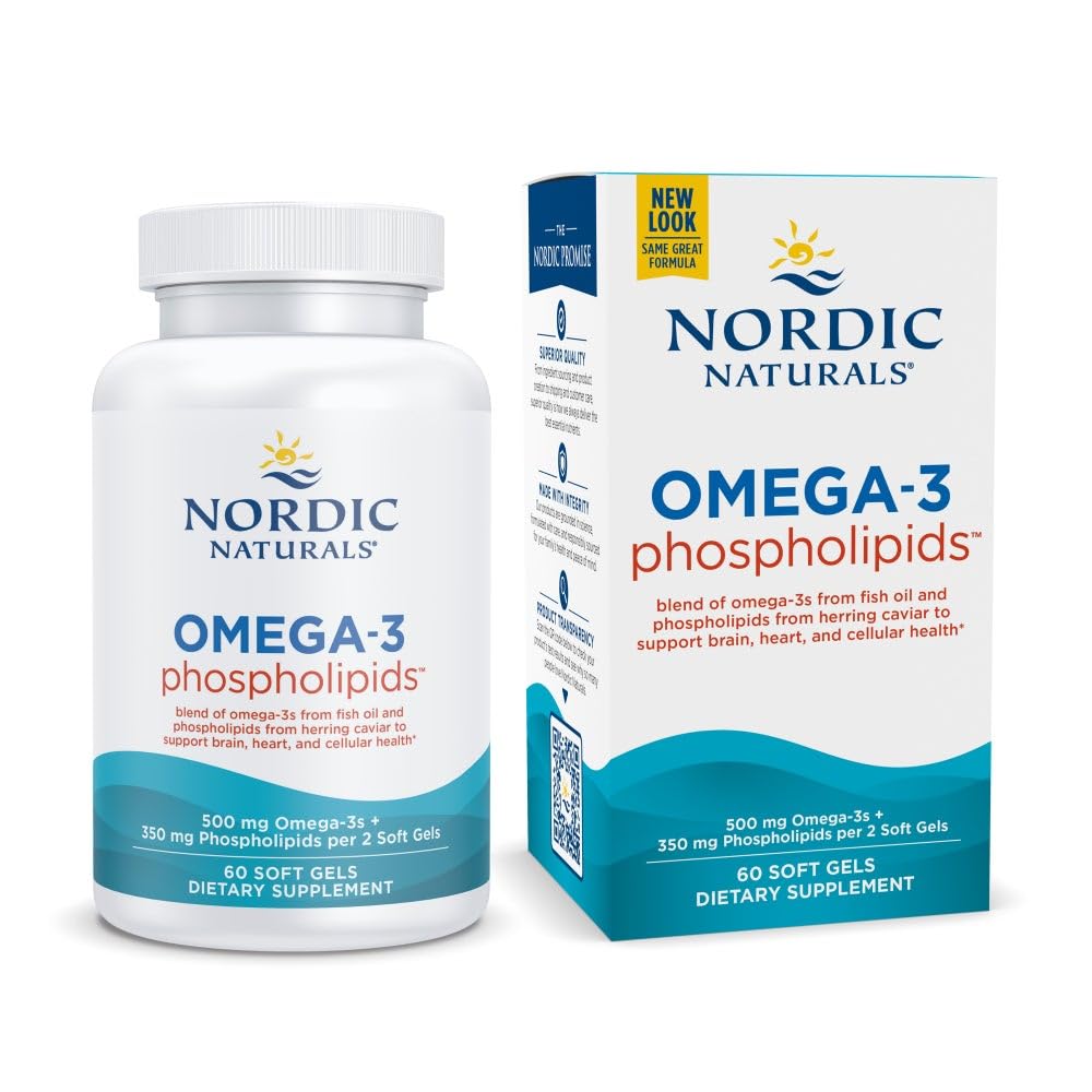 Nordic Naturals Omega-3 Phospholipids, Unflavored - 60 Soft Gels - 500 mg Omega-3 & 350 mg Phospholipids - Heart & Brain Health - Small, Easy-to-Swallow Soft Gels - Non-GMO - 30 Servings
