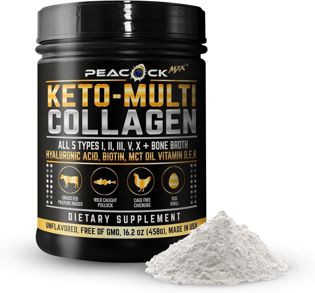 Keto Multi Collagen Peptides 16.2 oz - Bone Broth Protein Powder, with 5 Types Hydrolyzed Collagen, MCT Oil & Biotin for Skin, Joints, Hair & Nails, Unflavored Collagen Powder