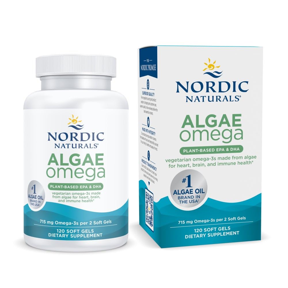 Nordic Naturals Algae Omega - 120 Soft Gels - 715 mg Omega-3 - Certified Vegan Algae Oil - Plant-Based EPA & DHA - Heart, Eye, Immune & Brain Health - Non-GMO - 60 Servings