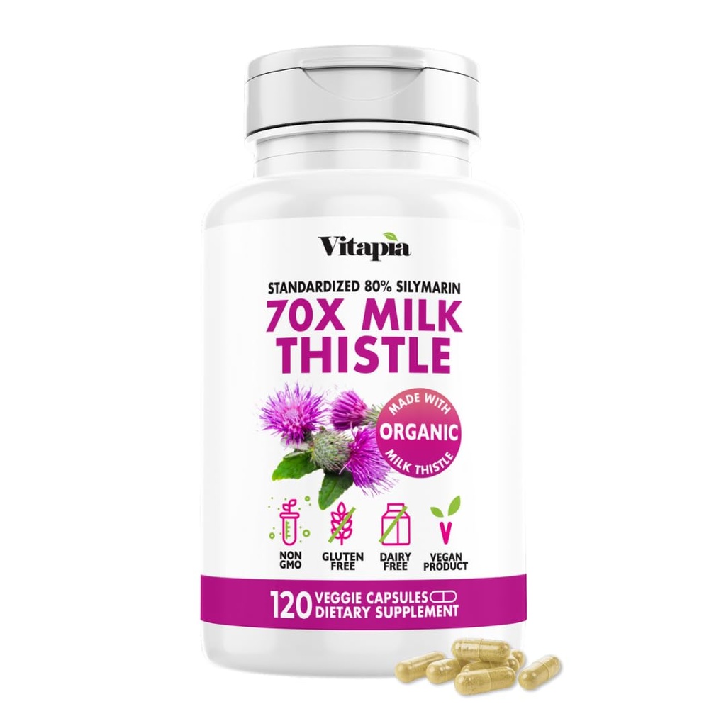 Vitapia Organic Milk Thistle Extract 70:1 Supplement - Liver Cleanse Detox & Repair, Liver Health Support, Antioxidants - 120 Vegan Capsules, Non GMO, Gluten Free