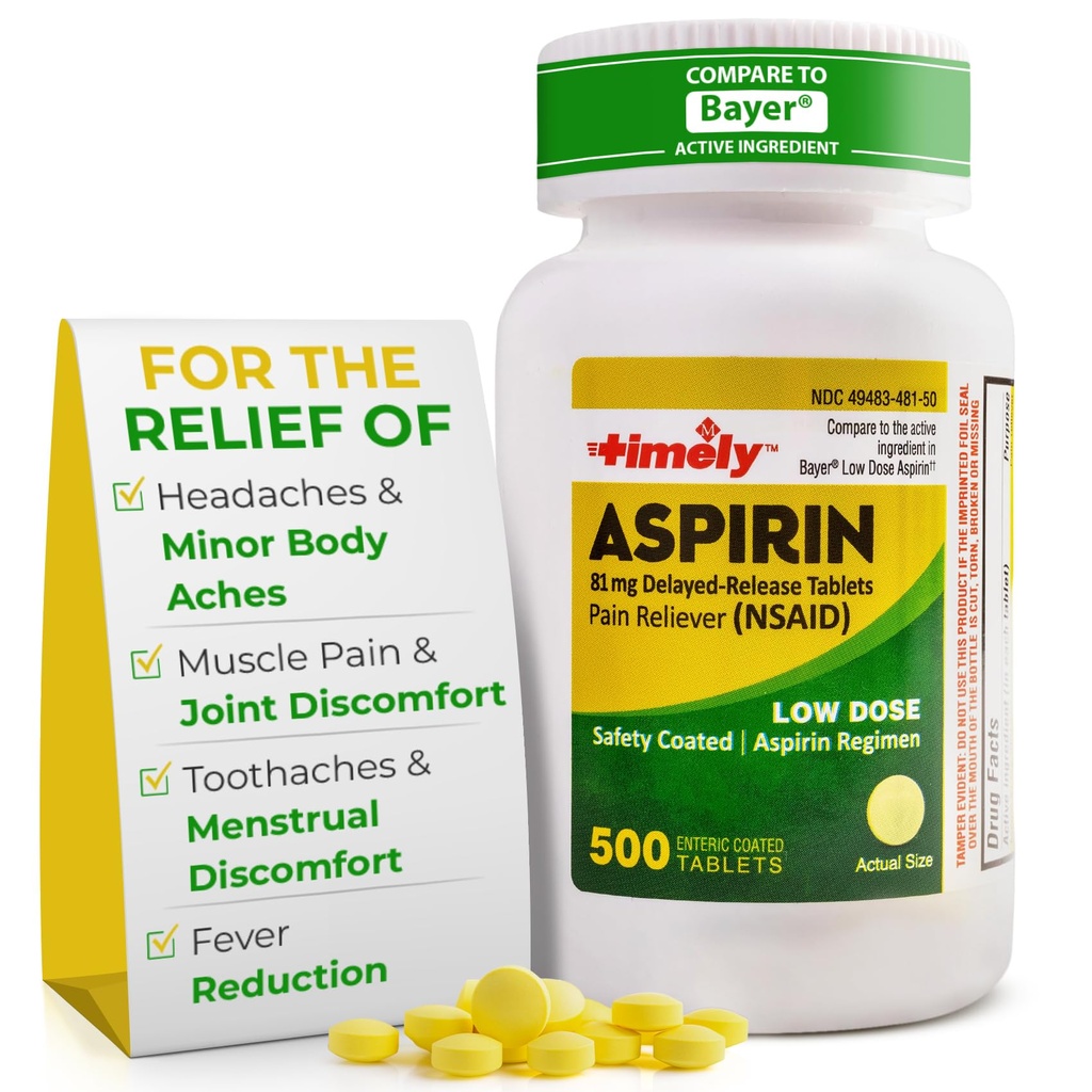 TIME-Cap Labs 500 Tablets Low Dose Aspirin 81mg Enteric Coated - NSAID Pain Reliever & Fever Reducer for Adults, Helps with Minor Aches, Headaches, Muscle Pain, Toothaches, and Joint Discomfort
