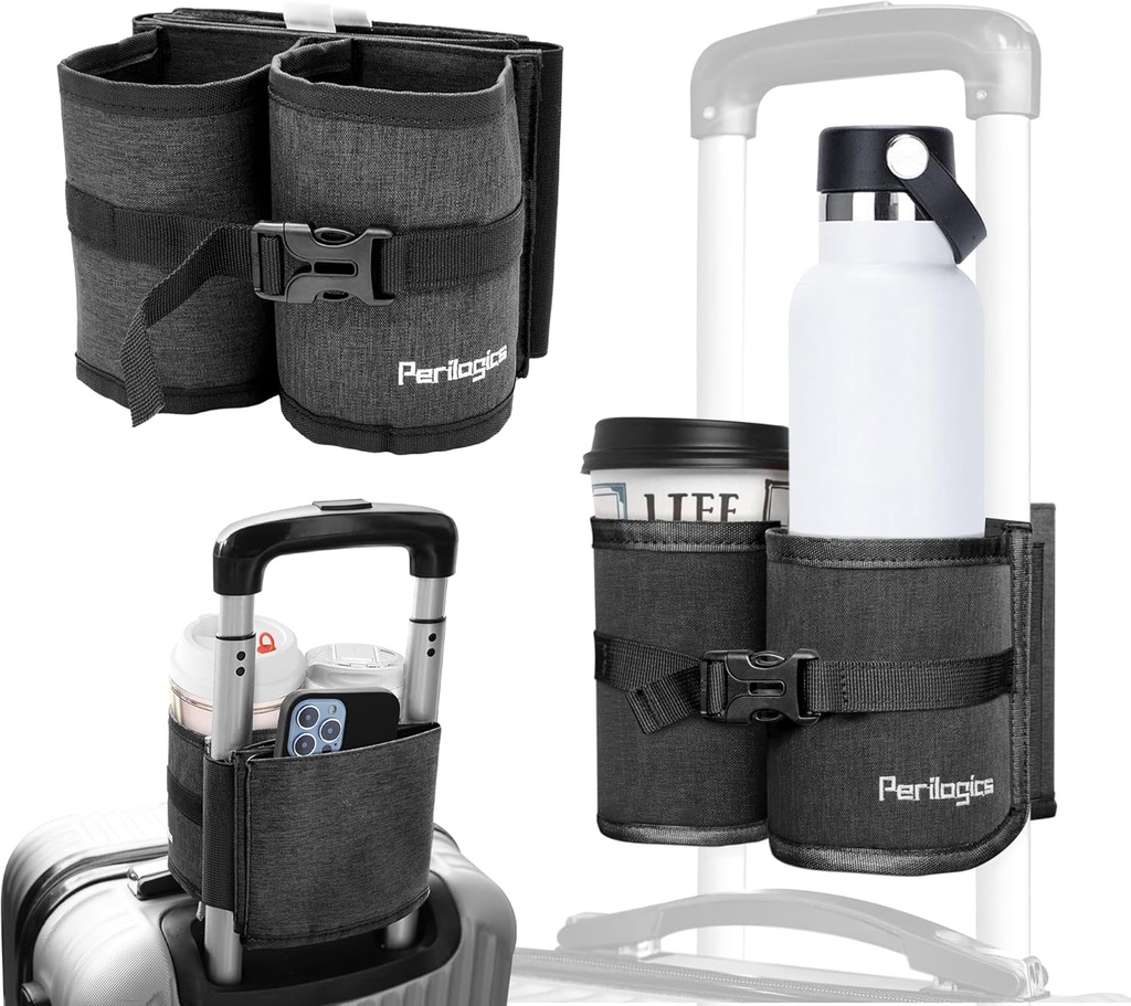 Perilogics Luggage Travel Cup Holder Hands Free Drink Caddy for Suitcase Handle. Perfect Airplane Travel Essential Accessory Gift for Frequent Traveler, Flight Attendant or with Children (Dark Gray)