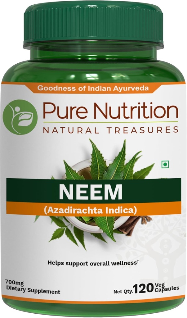 Pure Nutrition Neem Capsules 700mg. (Equivalent to 2600mg Neem Leaf Powder and Bark Powder) Non GMO | Once Daily | 120 Days Supply.