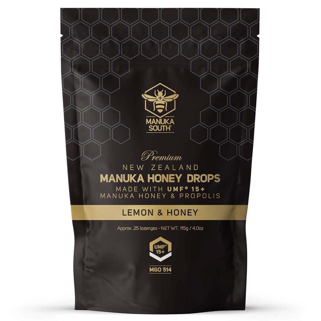 Manuka Honey Drops UMF 15+ / MGO 514+ & Propolis Drops Made in New Zealand – Natural Ingredients – Soothing Drops – Lemon & Honey Flavor - 25 Drops