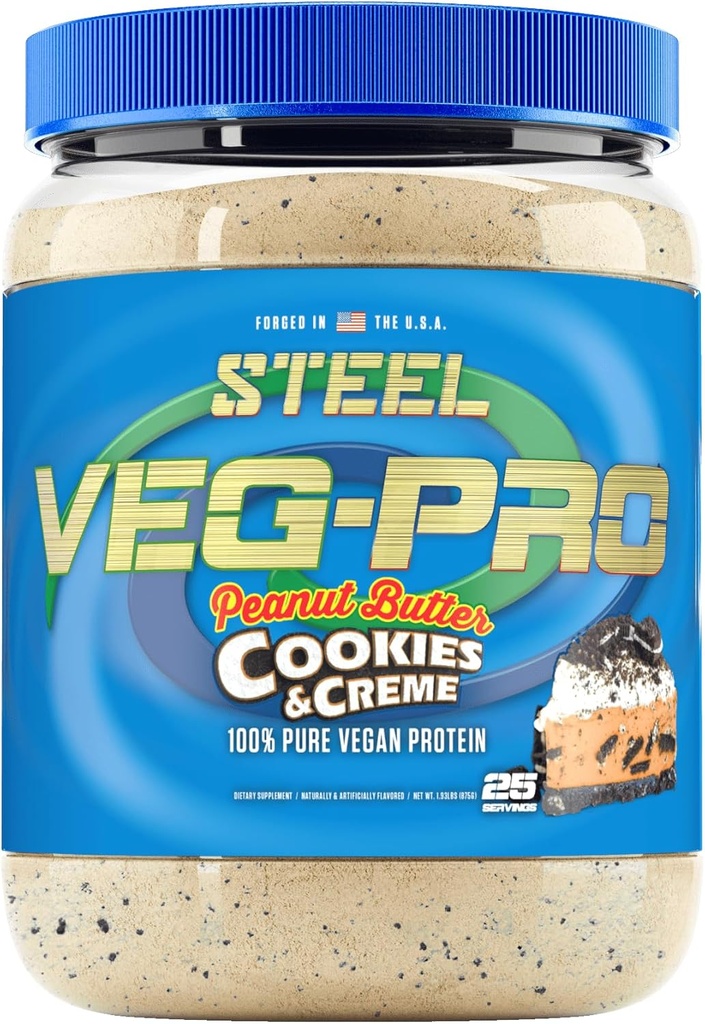 Steel Supplements Veg-PRO | Vegan Protein Powder, Peanut Butter Cookies & Creme | 25 Servings (1.93lbs) | Vegan Protein Powder with BCAA Amino Acid | Non Dairy | Low Carb Formula