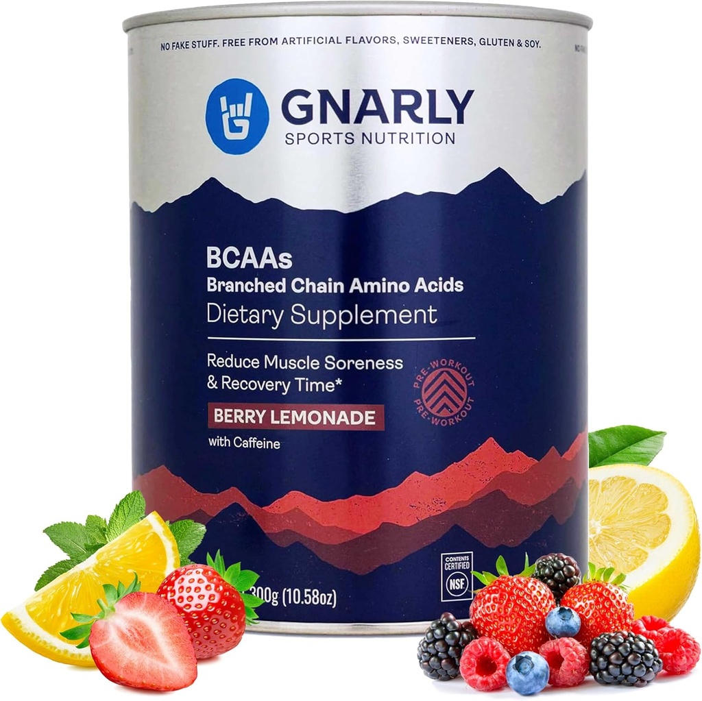Gnarly Nutrition BCAA Powder, Berry Lemonade – Pre-Workout BCAAS Amino Acids – NSF Sport Certified – Supplement to Support and Rebuild Muscle – Berry Lemonade with Caffeine, 10.58 oz