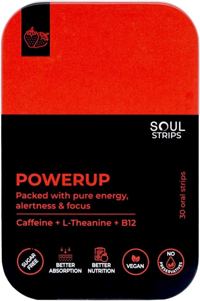 Soul Strips Power Up - Workout + Energy Oral Strips with Caffeine, L-Theanine, Vitamin B12, Strawberry Flavor, Enhances Metabolism, Quick Absorb, Daily Use, Zero Sugar, Vegan, 30 Strips Pack