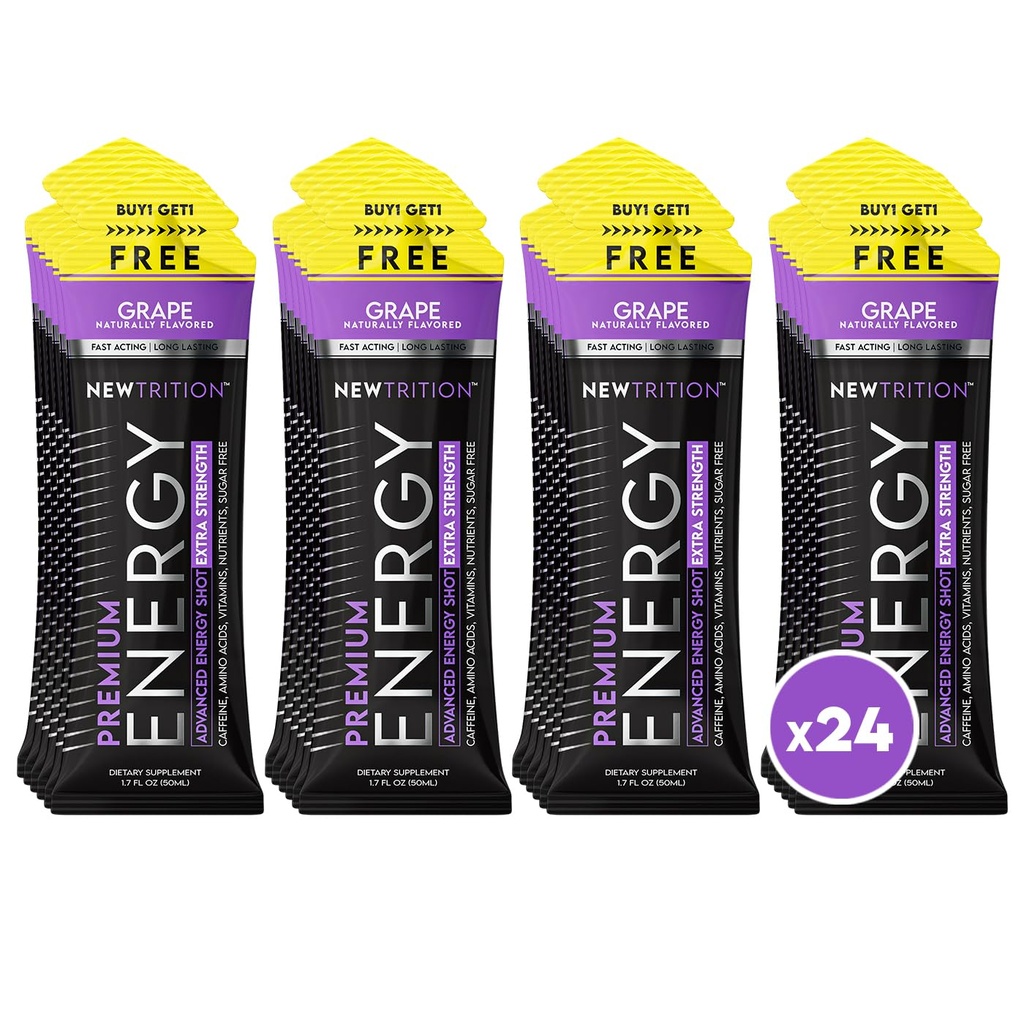 NewTrition® Extra Strength Energy Shots, 250mg Caffeine Energy Shots with Vitamin B & Amino Acids, Sugar-Free Vitamin Energy Shot, 1.7 fl oz (Pack of 24, Grape)