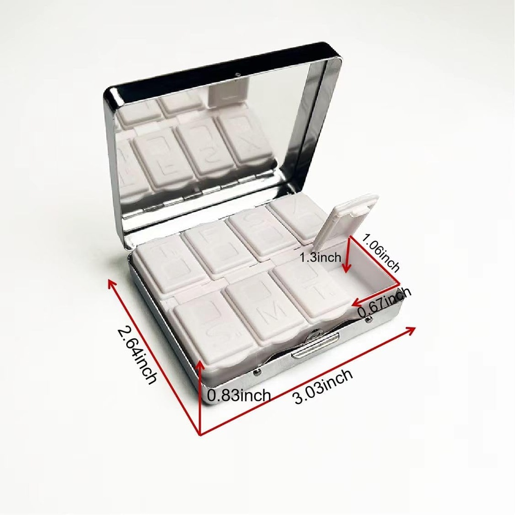 Magic Flowers 7 Days Chromed Shiny Silver Pill Organizer with Mirror Inside Has 8 Separate Compartments Rectangle 7 Days Pill Box Pill Case