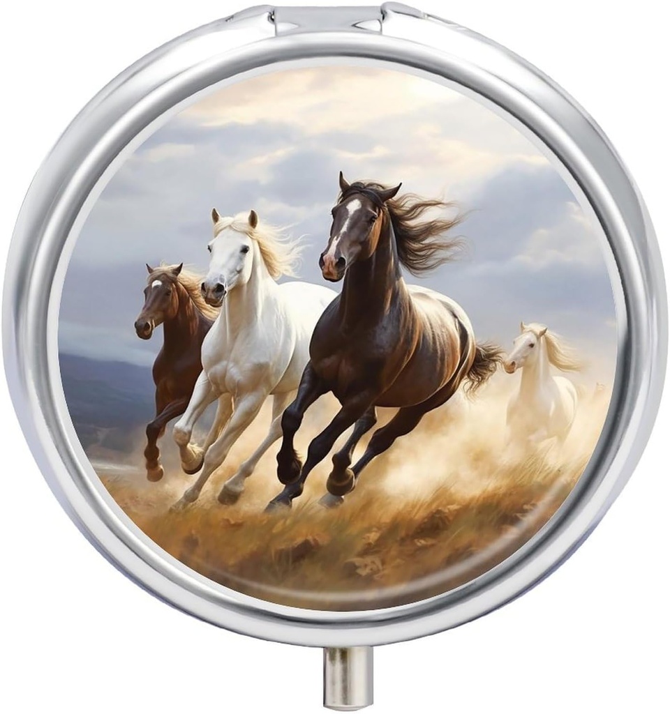 Horses Running Art Pill Case 3 Compartment Portable Pill Box Daily Round Pill Organizer for Pocket Purse Daily Medicine Container to Hold Vitamins Fish Oil Travel Gifts