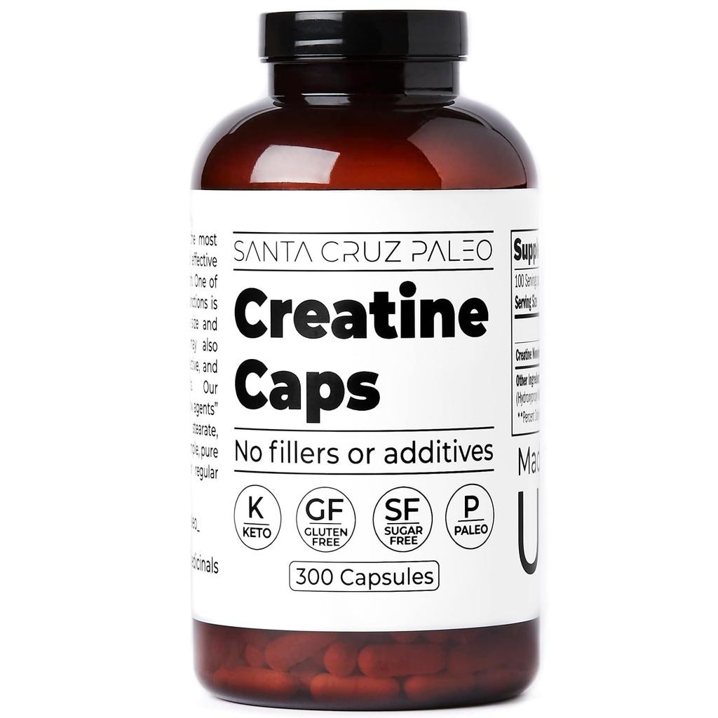 Santa Cruz Paleo Creatine Capsules, Supports Muscle Growth & Energy, Gluten Free, Keto, Sugar Free, Paleo, No Fillers or Additives, Creatine Monohydrate Pills, 2500mg, 100 Servings, 300 Capsules