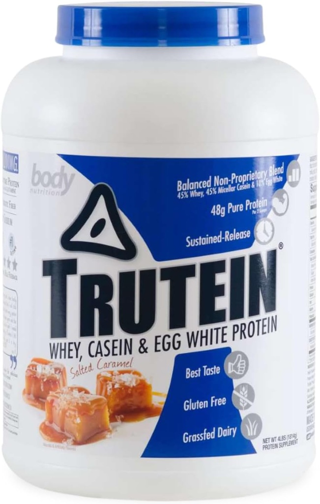 Body Nutrition Trutein High Protein Powder: 45% Whey, 45% Casein, 10% Egg White, Gluten-Free, Low Sodium, Grass Fed Whey Protein Powder, Gym Supplement & Breakfast Shake, Salted Caramel, 4lb