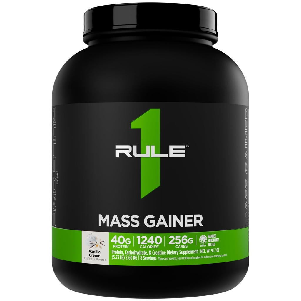 Rule 1 Proteins Mass Gainer - High-Calorie Weight Gain Formula with 1,220+ Calories, 250g+ Complex Carb Blend, 40g All-Whey Protein Per Serving (8 Servings, Vanilla Crème)