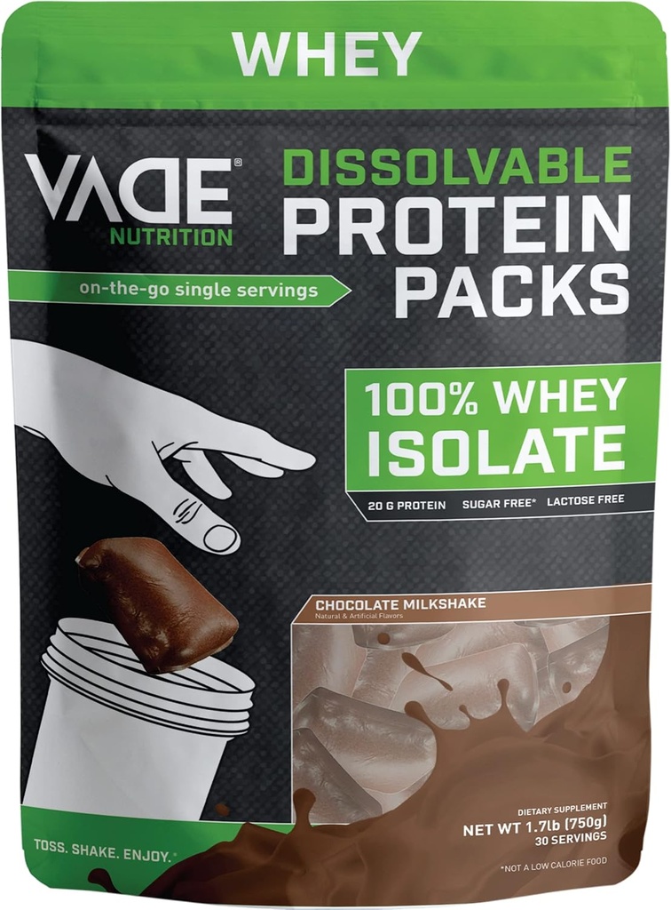 VADE Nutrition Dissolvable Protein Packs - 100% Whey Isolate Protein Powder Chocolate Milkshake - Low Carb, Low Calorie, Lactose Free, Sugar Free, Fat Free, Gluten Free - 30 Packets to Go