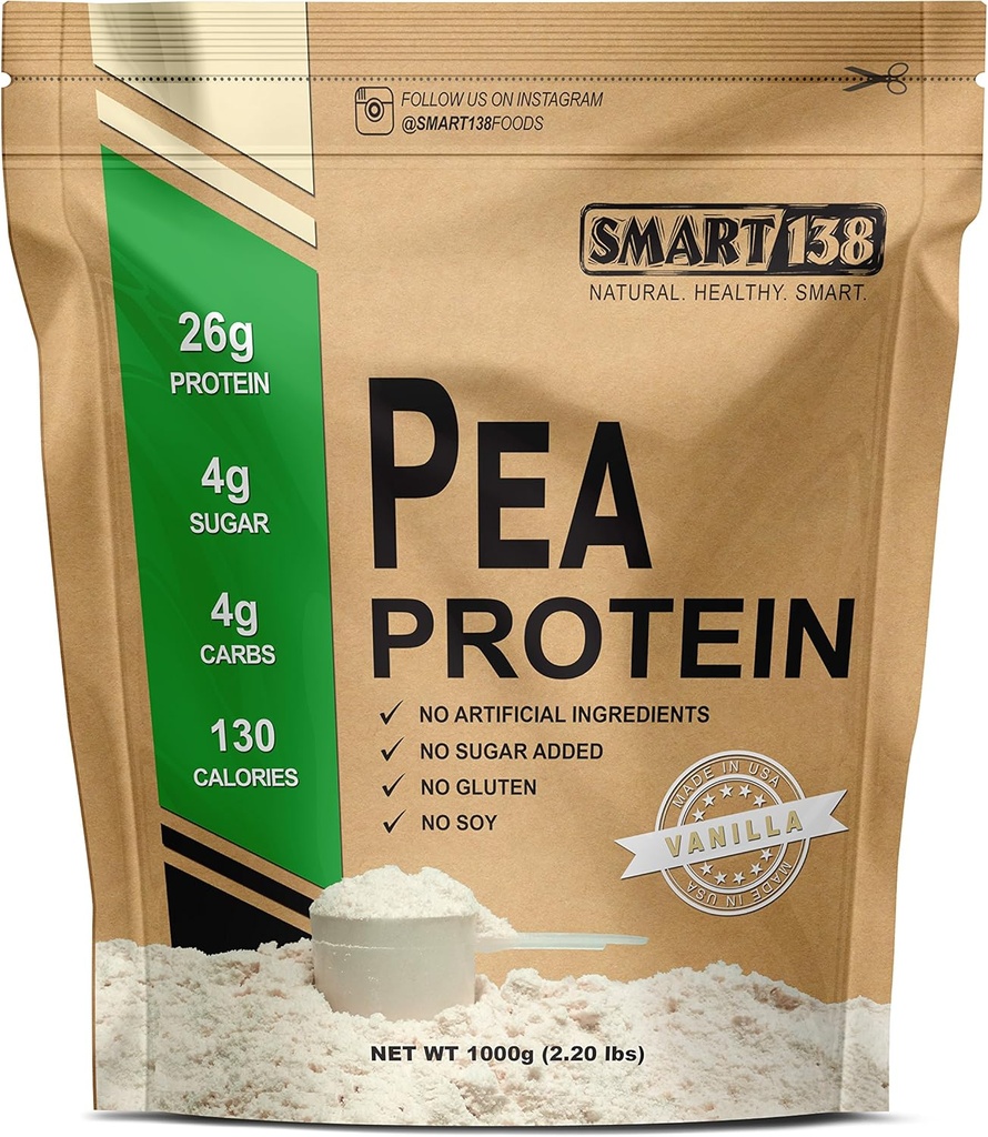 Smart138 Vanilla Pea Protein, Ultra-Fine Powder, Vegan, Gluten-Free, Soy-Free, Dairy-Free, Non-GMO, USA/Canada, Keto (Low Carb), Natural BCAAs (1000g / 2.2lbs, Vanilla)
