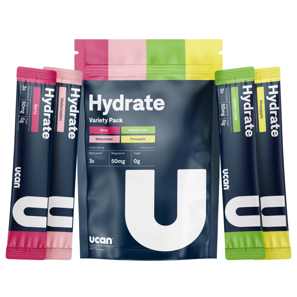 UCAN Hydrate Electrolyte Drink Mix (Variety Pack, 12 Stickpacks) Sugar-Free, Keto-Friendly, Vegan, Non-GMO, Gluten-Free Electrolyte Powder with Potassium & Magnesium for Runners & Athletes