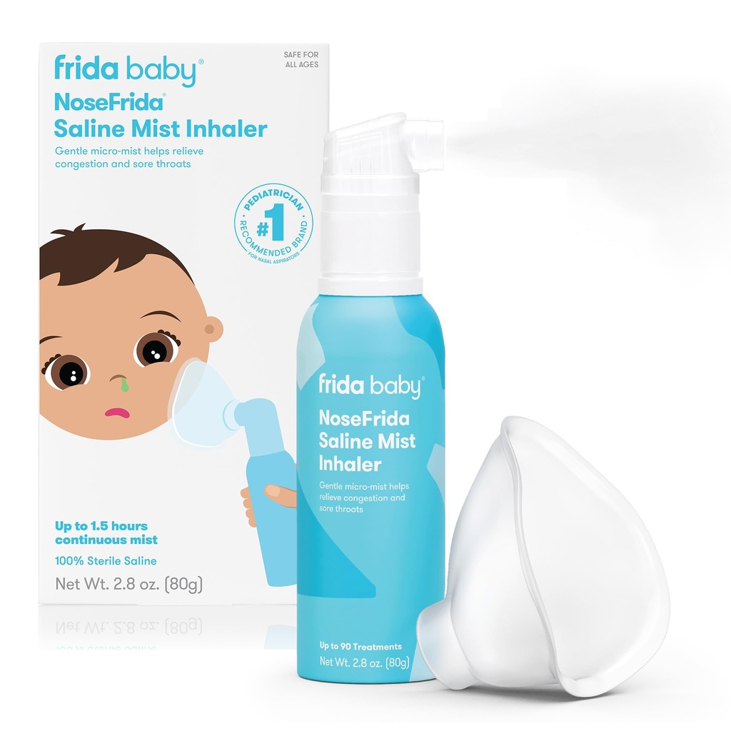 Frida Baby NoseFrida Saline Mist Nasal Inhaler, Decongestant Spray for Congestion & Allergy Relief for Babies + Kids, Nasal Saline Spray, Soothes Stuffy Nose & Sore Throat, Includes Mask