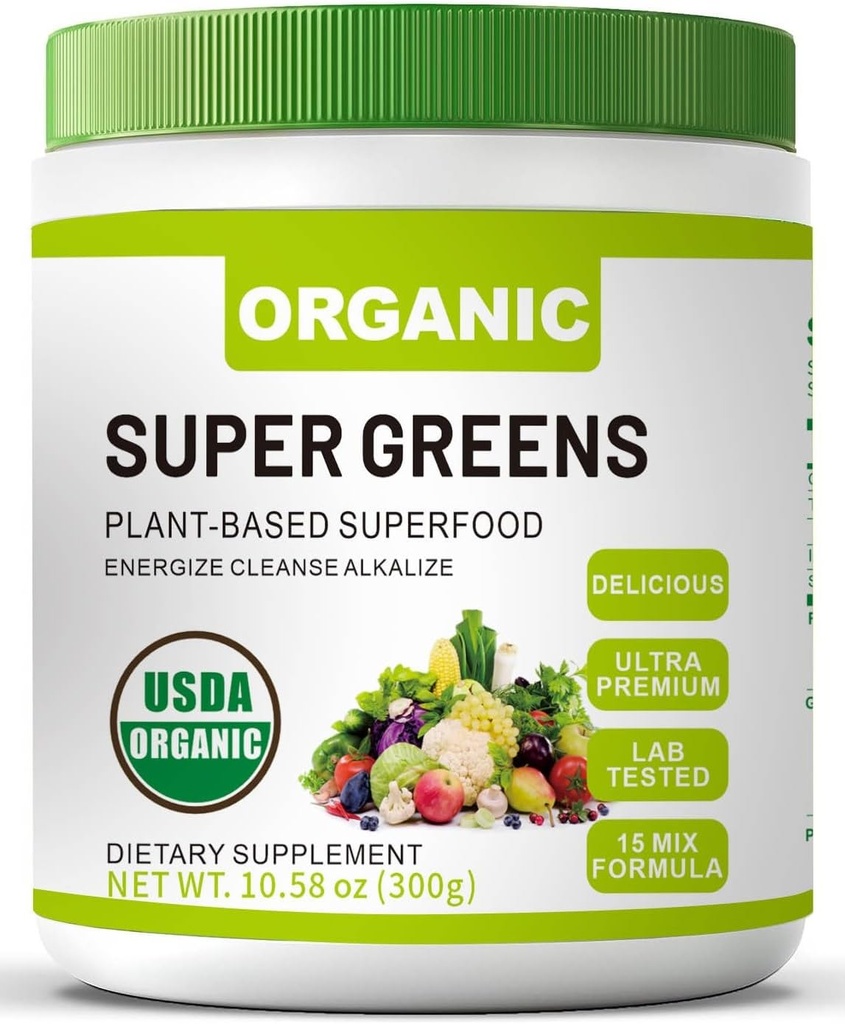 Organic Super Green Superfood Powder with Spirulina & Chlorella for Gut Health, Supports Immunity, Digestive Health, Natural Energy, Probiotic, Antioxidant, Digestive Enzymes, (300grs)