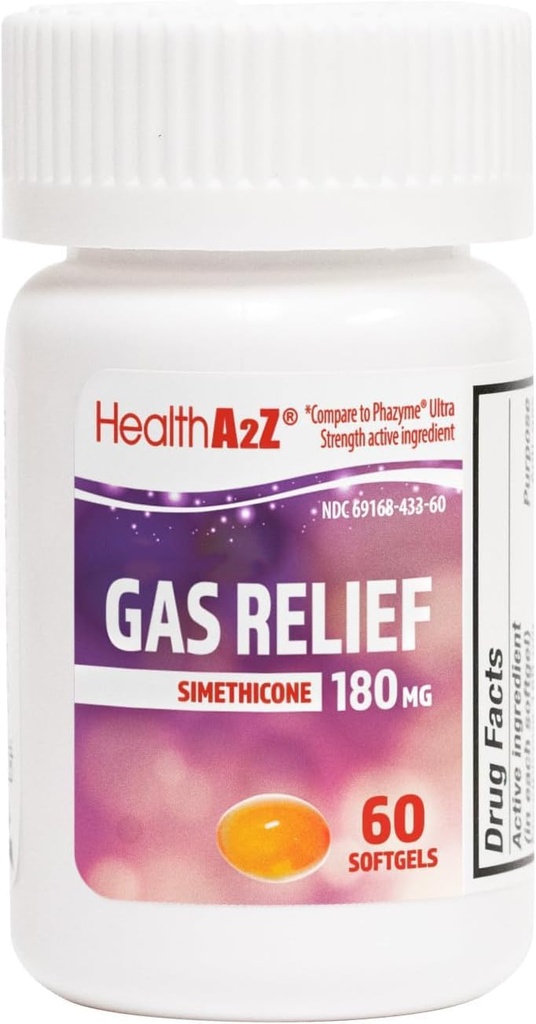 HealthA2Z® Gas Relief Simethicone 180mg | Relieves from Stomach Discomfort and Gas | Anti Flatulence | Relieves Gas Fast (60 Count (Pack of 1))