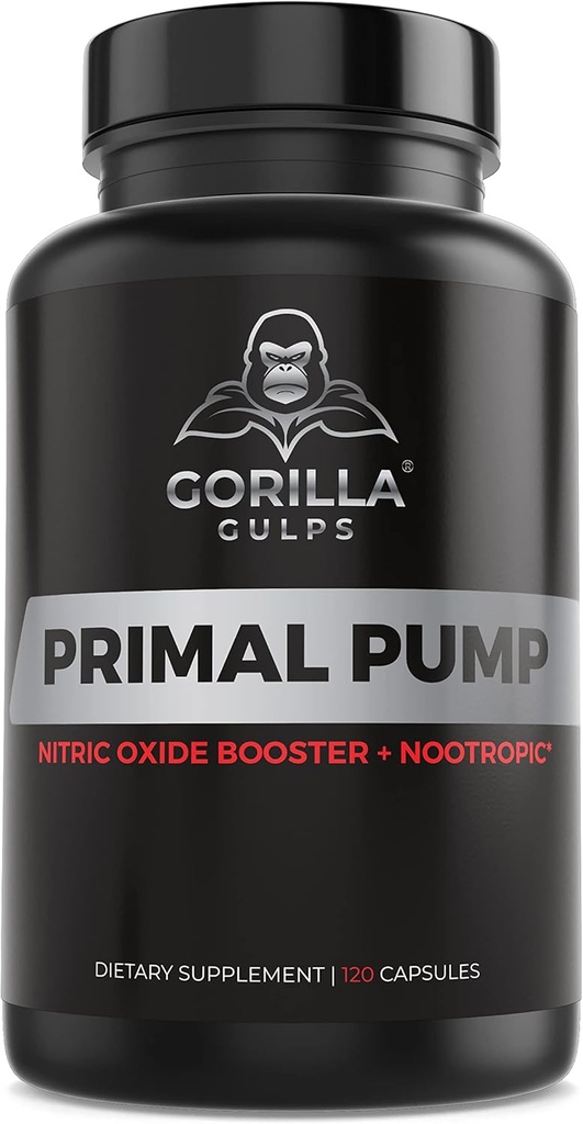 Gorilla Gulps - Primal Pump Nitric Oxide Supplement Nootropic 1500mg Nitrosigine L Arginine & Beet Root for Muscle Growth, Pumps, Blood Flow, Energy & Focus - Max Strength Pre Workout N.O. Booster