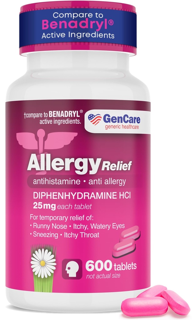 GenCare Allergy Relief Medicine – Bulk Value 600 Count Diphenhydramine 25mg – Antihistamines for Adults for Congestion, Sneezing, Runny Nose, Itchy Eyes & Throat – Pink Generic Benadryl Tablets 25 mg