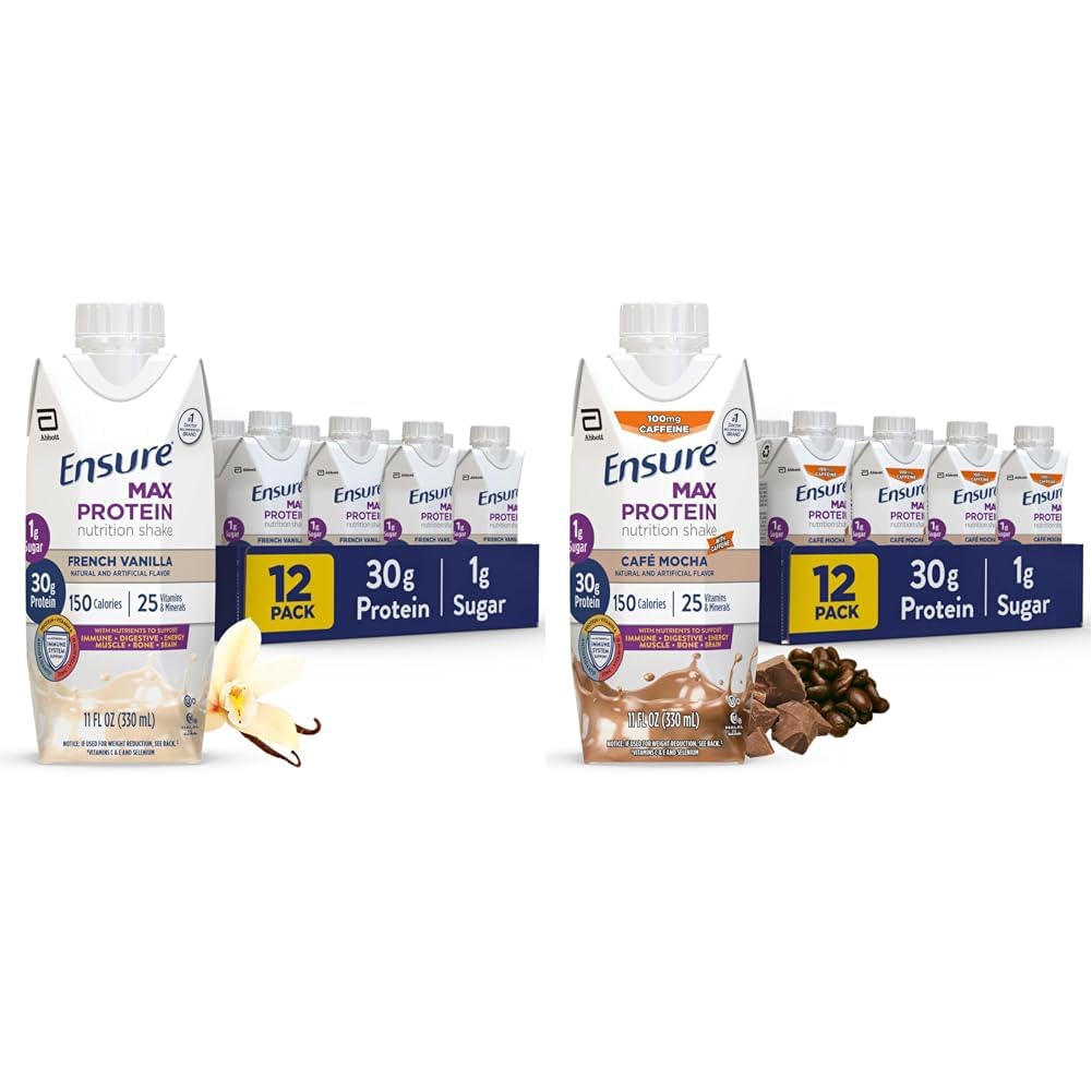 Ensure Max Protein Nutrition Shake with 30g Protein, 1g Sugar, High Protein Shake, French Vanilla & Cafe Mocha, Liquid, 11 fl oz (Pack of 12) Bundle