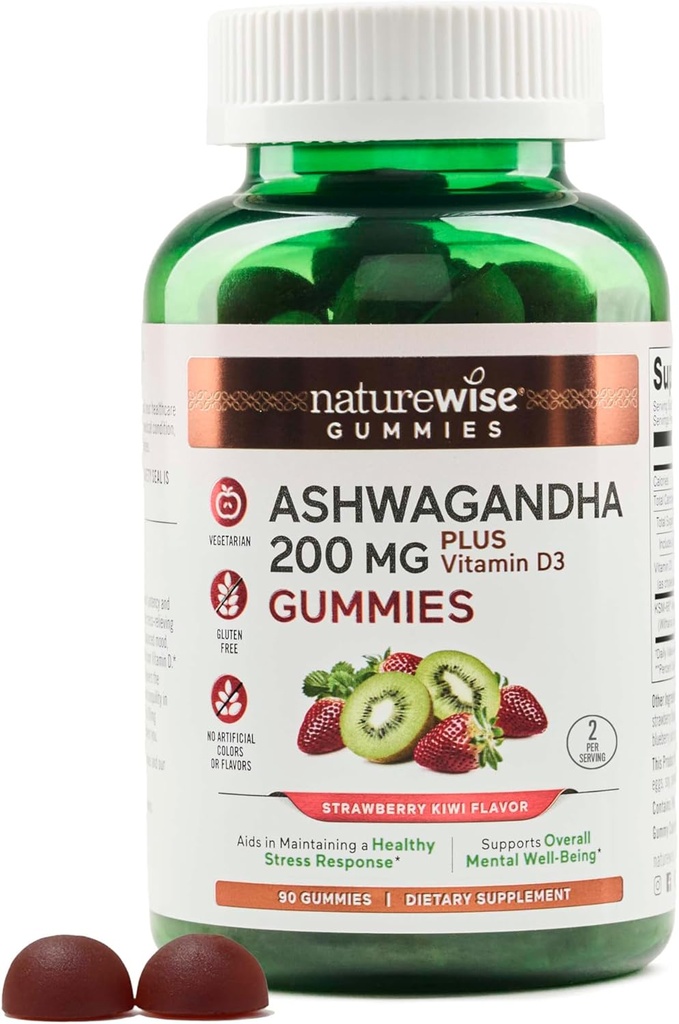 NatureWise Ashwagandha Gummies - Strawberry Kiwi - KSM-66 with Vitamin D3 - Calming Mood Support - Vegetarian - Non-GMO, Gelatin and Gluten Free - 90 Count[45-Day Supply]