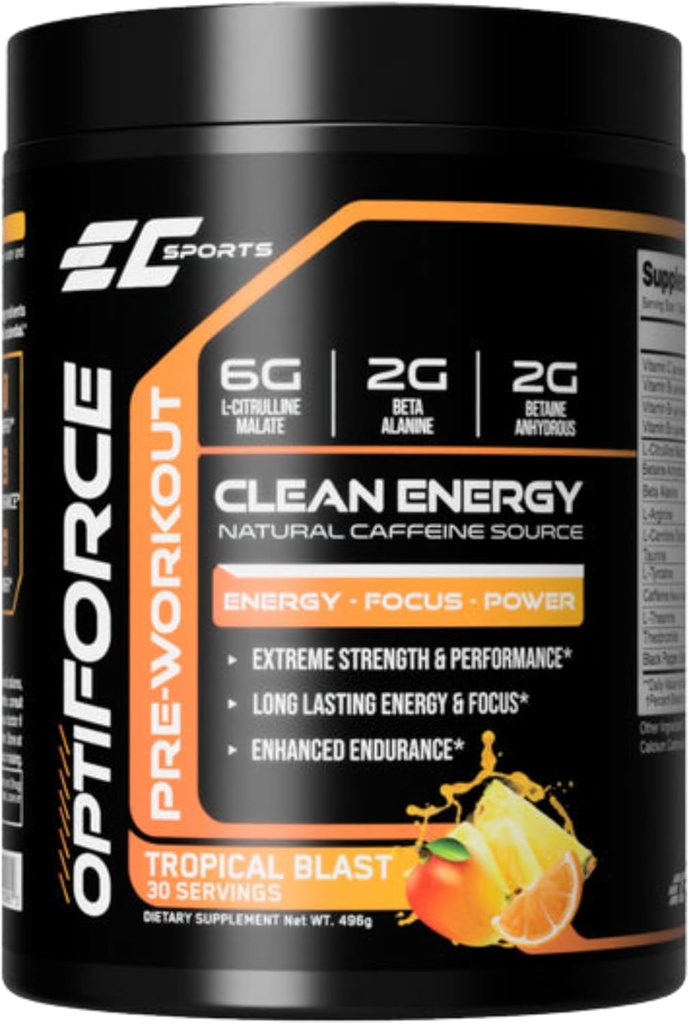 EC Sports OptiForce Pre-Workout Tropical Blast Supplement Powder - Clean Energy & Natural Caffeine w/Long-Lasting Endurance and Focus - 30 Servings