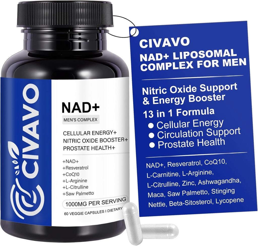 NAD+ Supplement for Men 1000mg, NAD+ with Resveratrol, CoQ10, L-Citrulline & Maca Root – Cellular Energy, Healthy Aging Support, Antioxidant, Nitric Oxide Prostate Health for Men – 60 Capsules