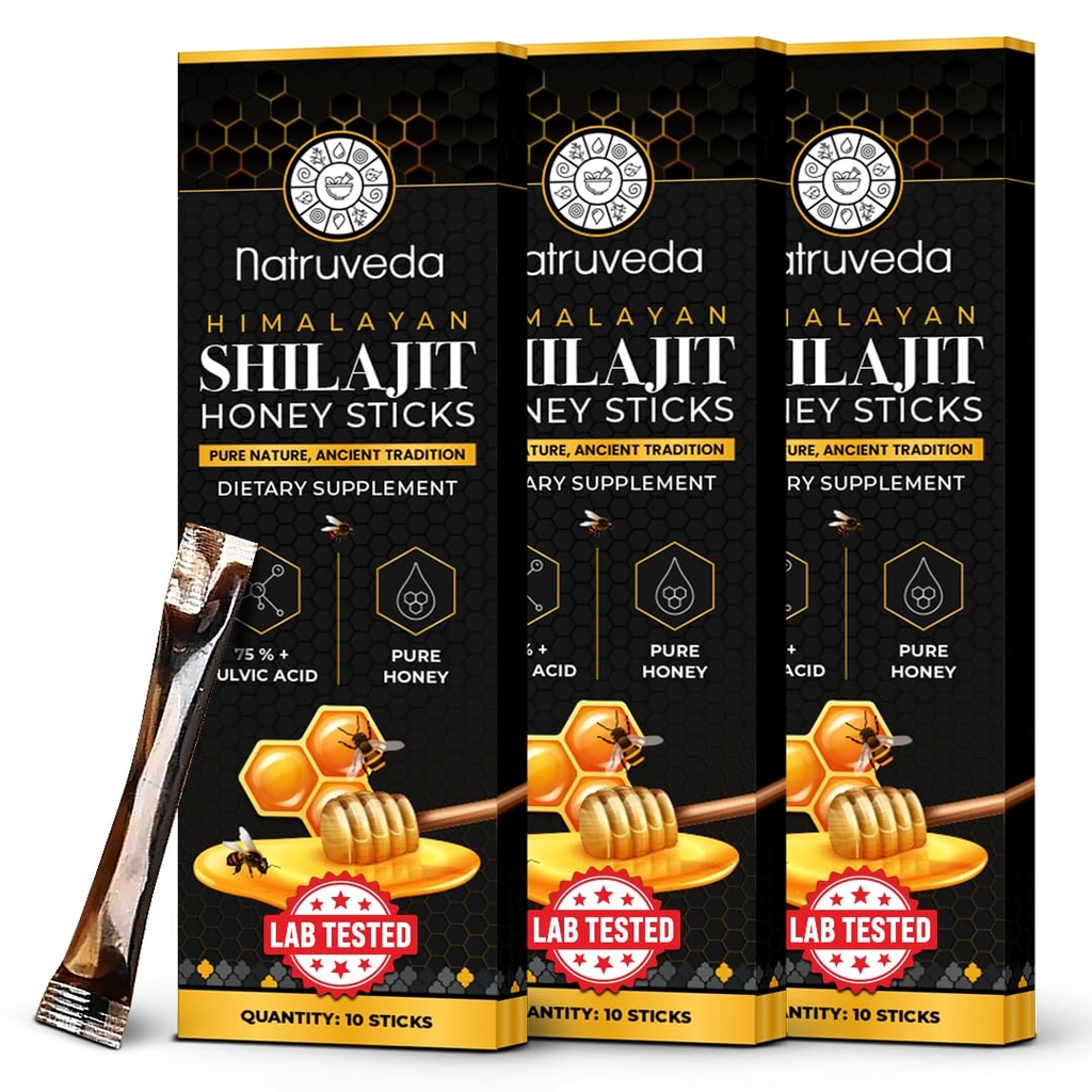 Natruveda, Himalayan Shilajit Honey Sticks for Men & Women - 75%+ Fulvic Acid & Trace Minerals - Raw Honey, Saffron & Himalayan Shilajit Resin - Stamina, Performance & Energy Support - (Pack of 30)