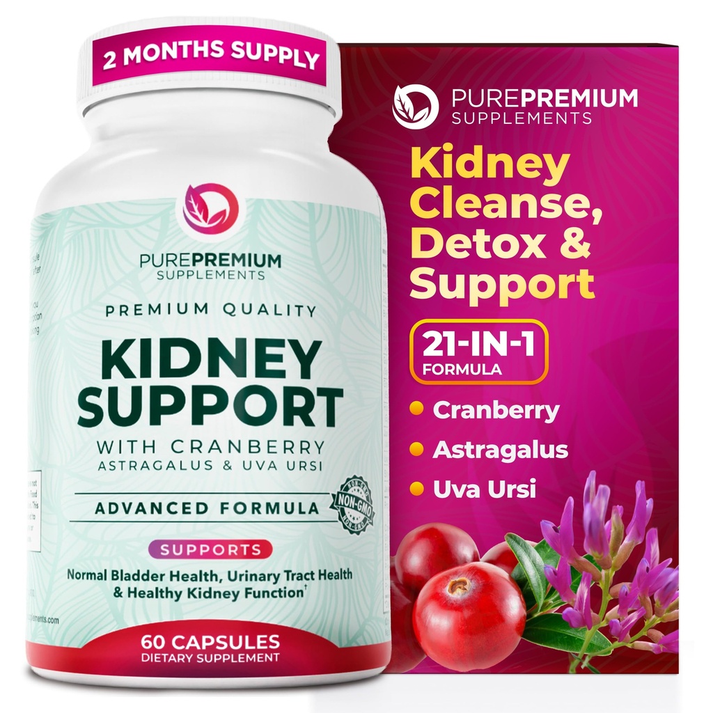PurePremium Kidney Support Supplement – Kidney Cleanse Detox & Repair with Cranberry Extract & Astragalus - 21-in-1 Complex Supports Normal Bladder, Urinary Tract & Kidneys Health - 60 Day Supply