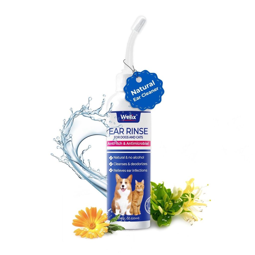 Wellix 120ml Ear Cleaner for Dog & Cat - Ear Infection Treatment Without Irritation - Dog Ear Wash for Itch Relief & Soothing Inflammation - Ear Wax, Powder and Odor Removal Drops