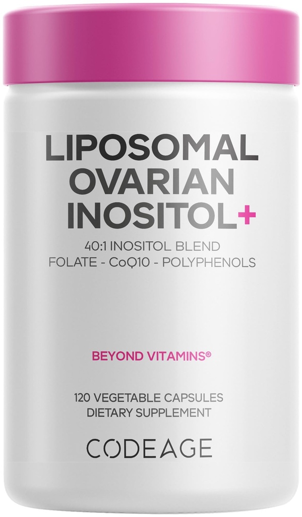 Codeage Liposomal Ovarian Inositol+ Supplement - Myo-Inositol & D-Chiro-Inositol 40:1 Blend, Folate 5-MTHF, CoQ10, Pomegranate & Wild Blueberry, Liposomal Delivery, Non-GMO, Gluten-Free - 120 Capsules