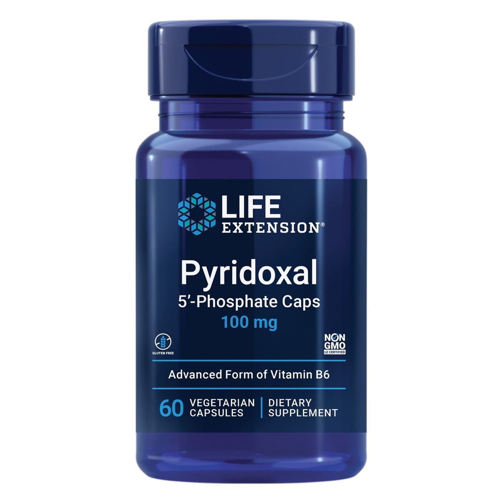 Life Extension Pyridoxal 5'-Phosphate Caps—Vitamin B6, 100 mg, Bioactive B6 for Cardiovascular, Kidney & Nerve Health—Gluten-Free, Non-GMO, Vegetarian—60 Vegetarian Capsules