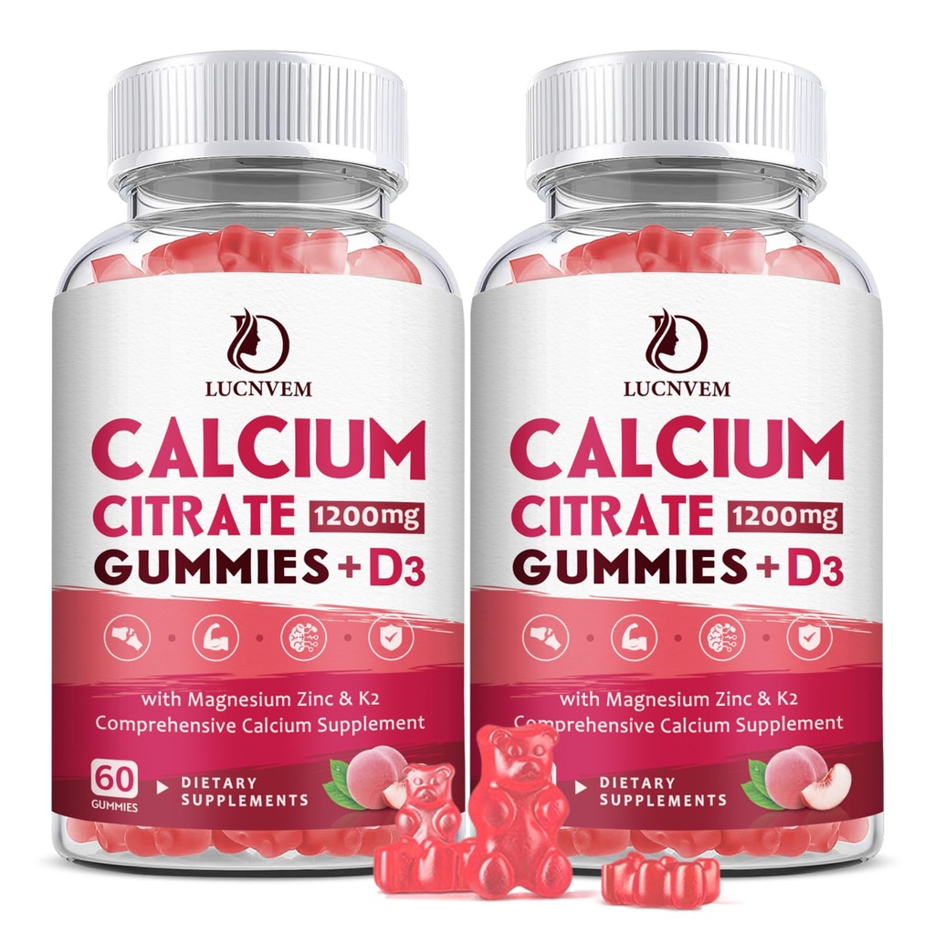 (2 Pack) Calcium Citrate 1200mg with Vitamin D3 Supplements Gummies for Women & Men, Calcium Gummies with Vitamin D3 K2, High Absorption for Bone Muscle Healthy- Peach Flavor- 60 Day Supply