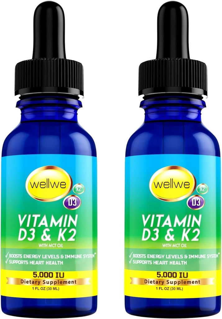 2 Bottles Liquid Vitamin D3 K2 Drops 5000 IU with MCT Oil - Vegan Liquid Vitamin D Supplement to Boost Energy Levels, Mood and Immune System, Unflavored, No Odor, Gluten-Free, Non-GMO, 2 Fl Oz