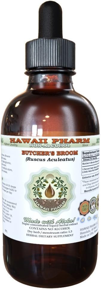Butcher's Broom Alcohol-Free Liquid Extract, Organic Butcher's Broom (Ruscus aculeatus) Dried Root Glycerite Hawaii Pharm Natural Herbal Supplement 4 oz