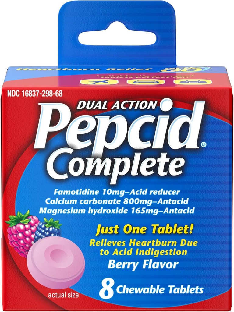 Pepcid Complete Acid Reducer + Antacid for Acid Reflux, 10mg Famotidine, 800mg Calcium Carbonate & 165mg Magnesium Hydroxide per Heartburn Medicine Tablet, Antacid Chews, Berry, 8 ct