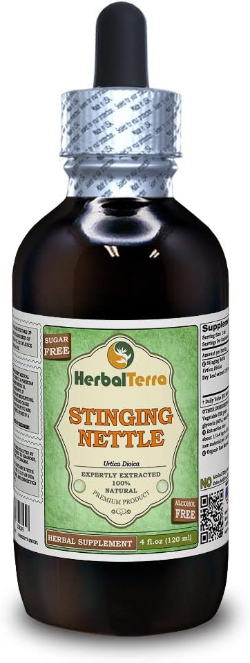 Stinging Nettle (Urtica Dioica) Glycerite, Organic Dried Leaves Alcohol-Free Liquid Extract (Brand Name: HerbalTerra, Proudly Made in USA) 4 fl.oz (120 ml)