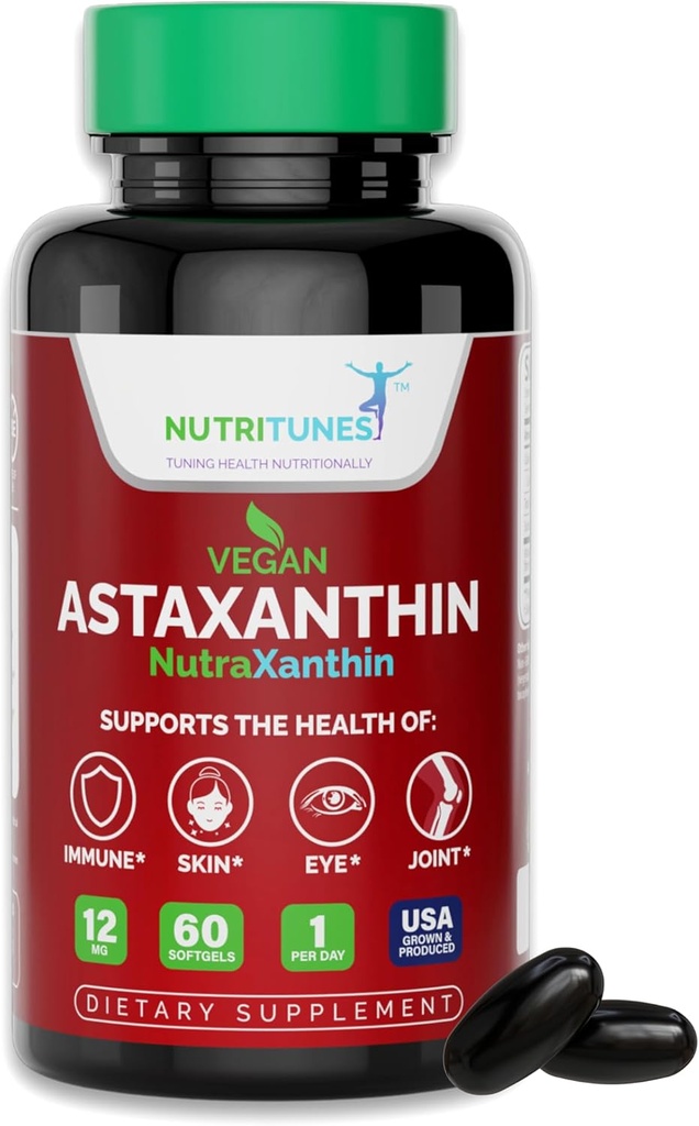 Astaxanthin 12mg Vegan Softgels – High Potency Antioxidant for Skin, Eye & Immune Support – Non-GMO, Free of Gluten, Soy, Lactose & BSE, 60 Vegan Softgels, 2-Month Supply