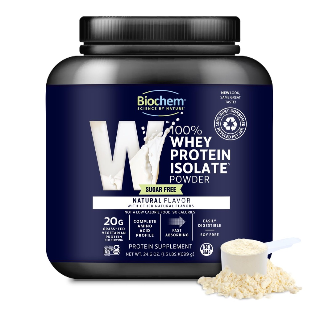 Biochem 100% Whey Isolate Protein Powder - Grass Fed, Low Carb, Keto-Friendly, Non-GMO, Gluten-Free - Supports Immune Health & Muscle Recovery 20g Vegetarian Protein per Serving - Natural Flavor,1.5lb